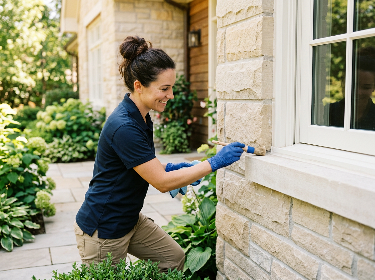 Close detail of clean trim and stonework on a luxury home