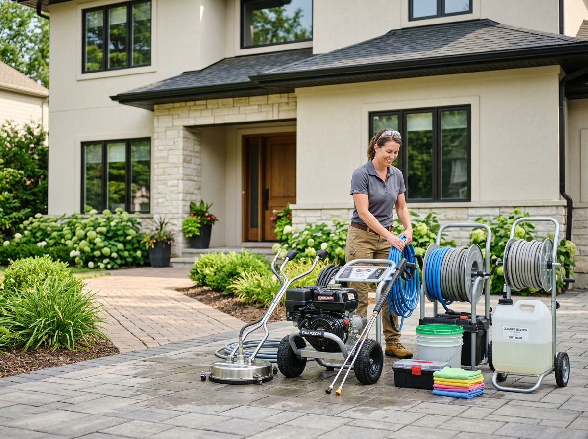 Commercial-grade exterior cleaning equipment ready for use
