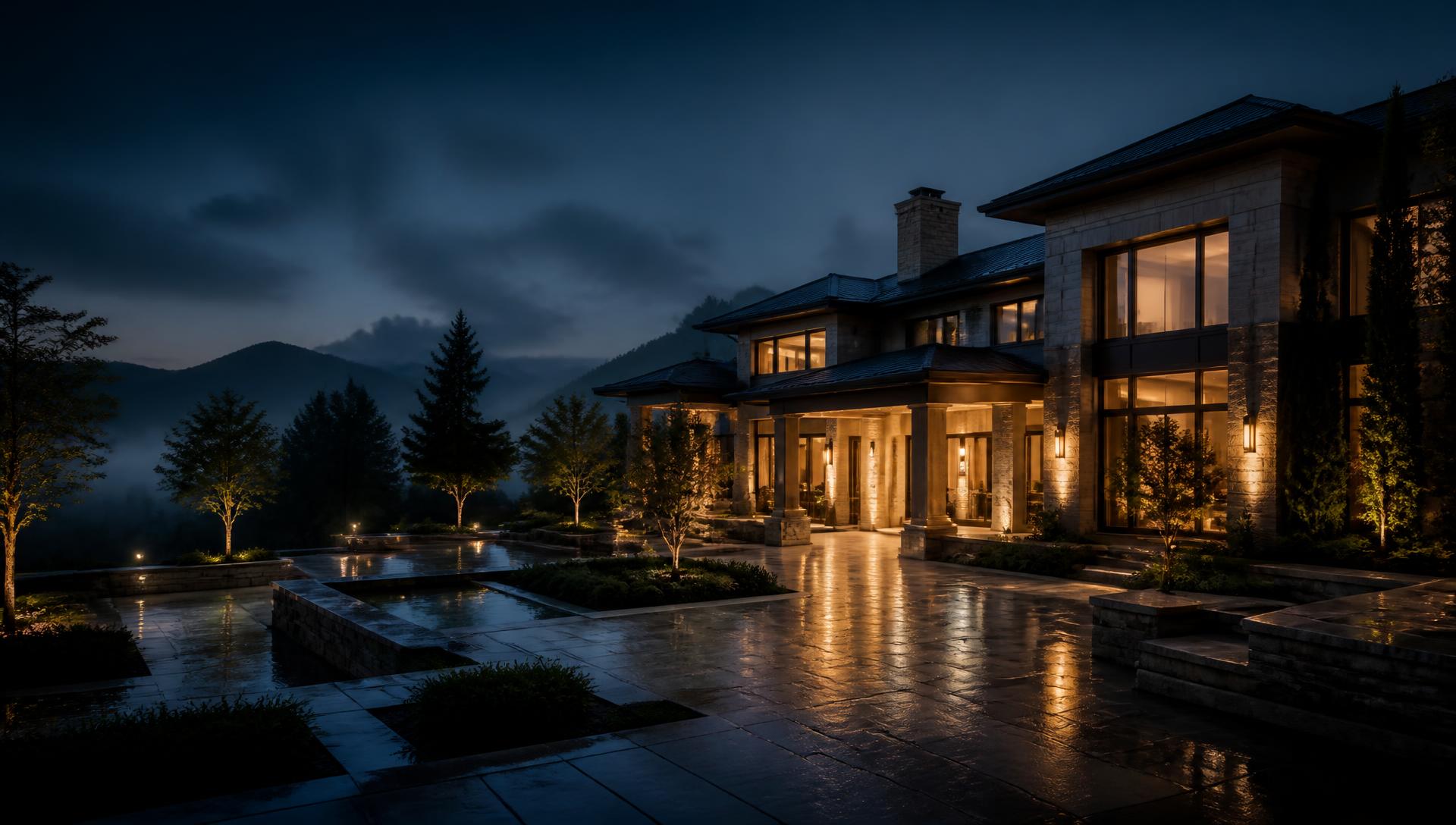 Sunlit facade of a luxury home after exterior maintenance