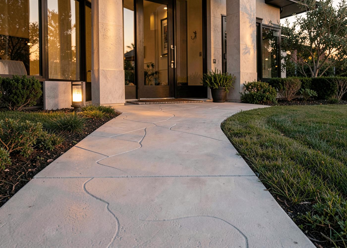 Clean concrete walkway leading to a luxury home entrance