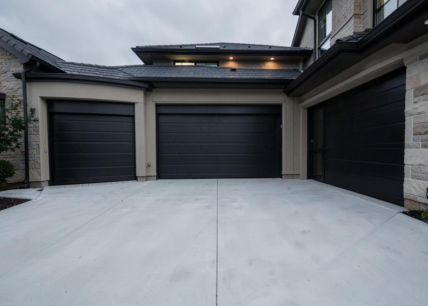Spotless driveway in front of a three-car garage
