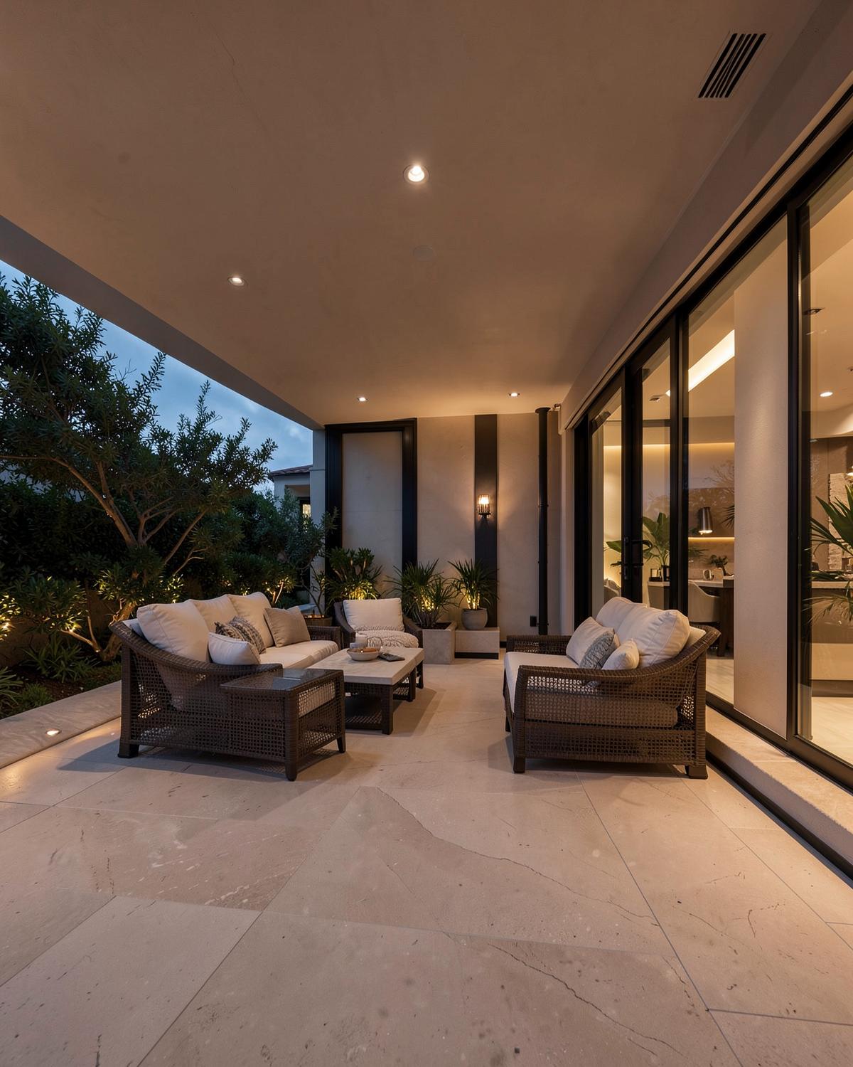 Covered patio with clean stone flooring at dusk