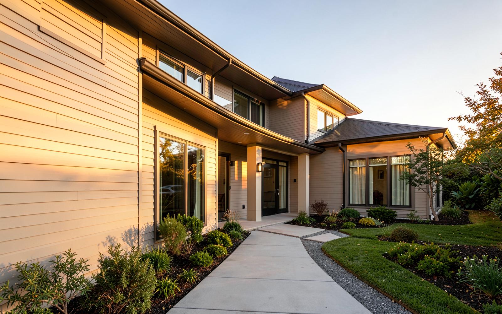 Luxury home exterior with freshly washed siding at golden hour