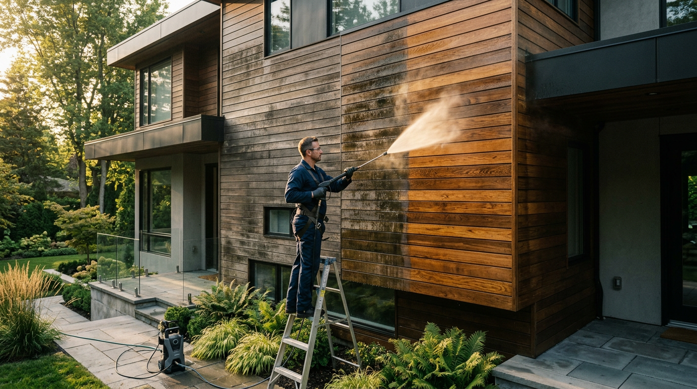 Professional pressure washing restoring a home's exterior facade
