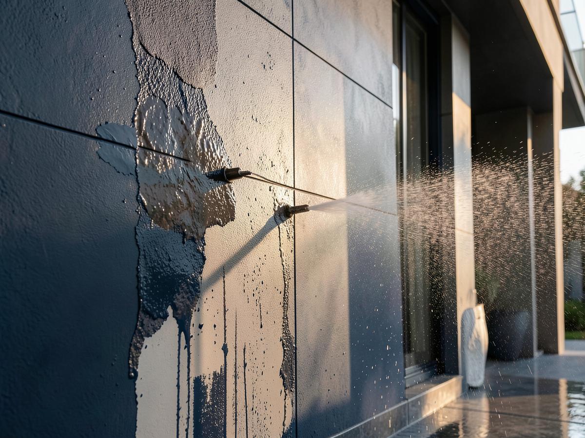 Pressure washing removing grime from a luxury home's exterior wall